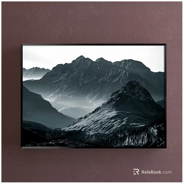 Black and White Landscape Painting Featuring Layered Mountain Peaks and Valleys with Natural Scenery Details 3d model 