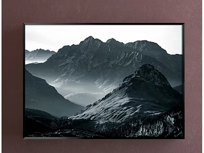 Black and White Landscape Painting Featuring Layered Mountain Peaks and Valleys with Natural Scenery Details 3d model