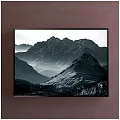 Black and White Landscape Painting Featuring Layered Mountain Peaks and Valleys with Natural Scenery Details