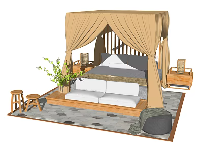 Cozy Double Bed With Canopy Wooden Bedside Tables Green Plants And Stone Slab Floor 3d model