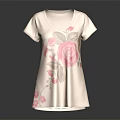 Beige Short Sleeve Top With Pink Rose And Brown Leaf Embroidery
