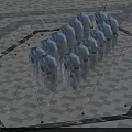 Neatly Arranged Garden Ornament With Transparent Objects And Curved Water Jets On Blue Ground