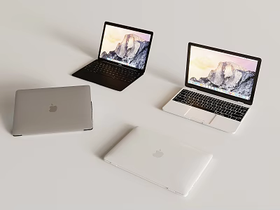 Apple Laptops In Silver White Black Open And Closed With Mountain Screen Displays 3d model