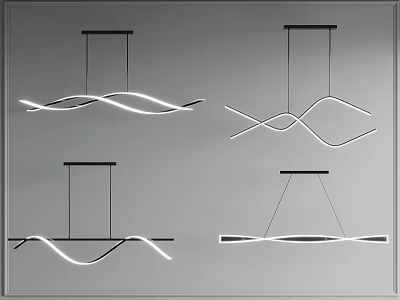 Modern Pendant Lights With Curved White Light Strips And Black Hanging Rods 3d model