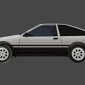 White Toyota AE86 Trueno Classic Sports Car With Black Stripes And Front Lights On