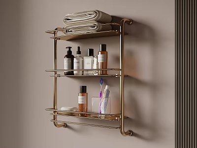 Bathroom Essentials On Wall Mounted Metal Shelf With Folded Towels Bath Products Toothbrush And Glass 3d model