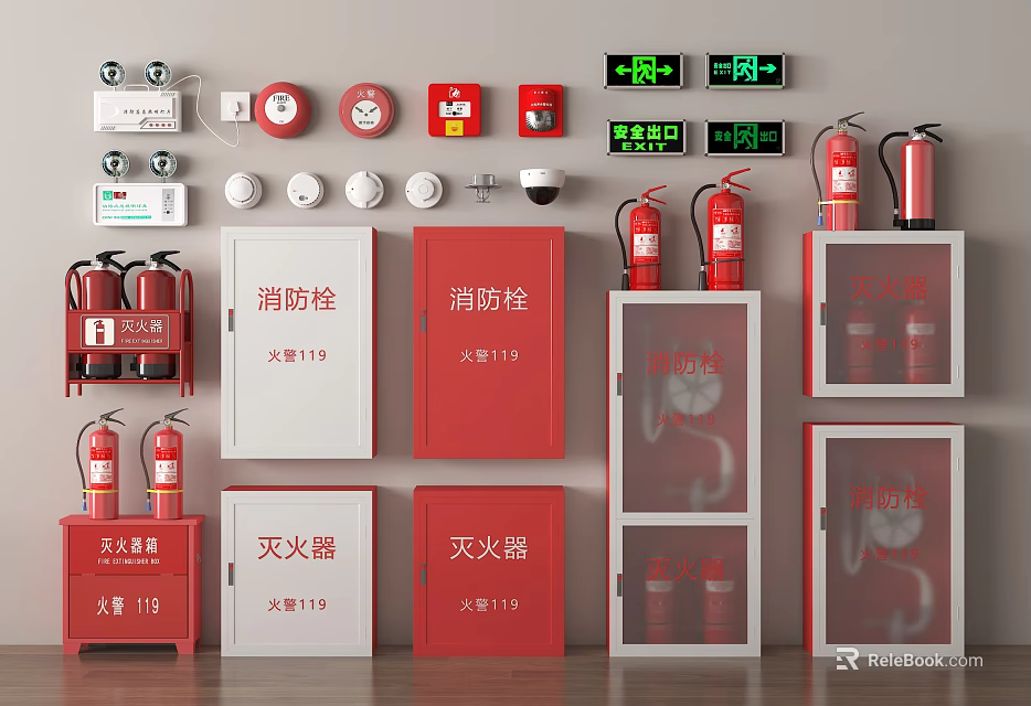 Fire Safety Equipment Wall Display With Extinguishers Hydrants Alarm Devices And Cabinets 3d model 