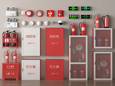 Fire Safety Equipment Wall Display With Extinguishers Hydrants Alarm Devices And Cabinets 3d model