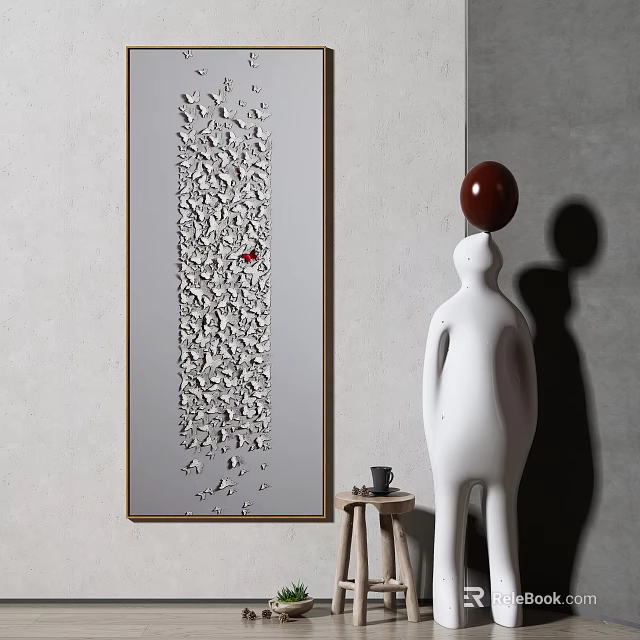 White Decorative Sculpture With Red Ball And Abstract Painting On Gray Wall 3d model 