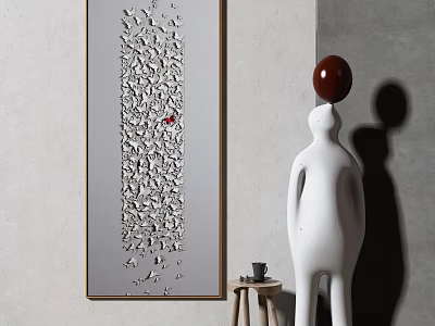 White Decorative Sculpture With Red Ball And Abstract Painting On Gray Wall 3d model