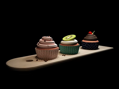 Colorful Decorated Cupcakes With Cream Kiwi Slice And Cherry On Wooden Tray 3d model