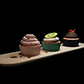Colorful Decorated Cupcakes With Cream Kiwi Slice And Cherry On Wooden Tray