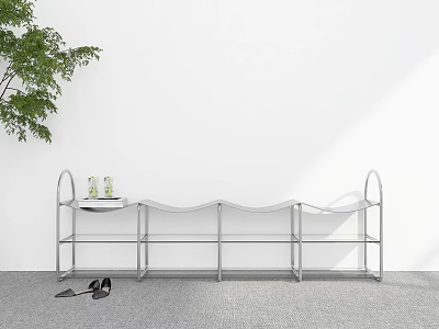 Modern Metal Shoe Rack With Small Table Shoes And Green Plant Near White Wall 3d model
