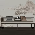 Chinese Style Multi Person Sofa With Wooden Frame Gray Brown Cushions And Landscape Painting