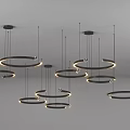 Multiple Circular Chandeliers With Black Frames and Illuminated Light Strips Hanging From White Ceiling 3d model