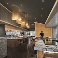 Modern Restaurant Interior With Open Bar Counter Wooden Hanging Lights Chef And Seating Area
