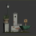 Outdoor Garden Decorative Elements With Street Lamp Flower Pot Fountain Birdhouse And Wheelbarrow