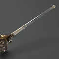 Long Handle Ornate Weapon With Metallic Bull Head Design And Gold Accents