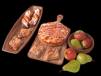 Delicious Assorted Pastries And Iced Dessert On Wooden Trays With Fresh Apples And Pears 3d model
