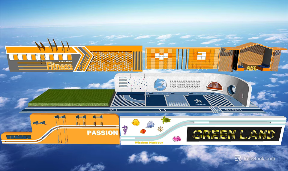 Modern Building Facade With Multiple Styles Geometric Patterns And Colorful Elements 3d model