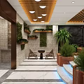 Luxurious SPA Sauna Interior with Golden Ceiling Circular Lights Floral Mural Green Plants and Hot Spring Pool