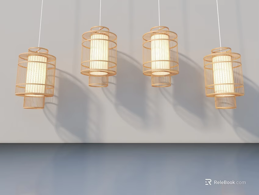 Sliding Door Design With Bamboo Weave Hanging Lanterns And Soft Lighting Interior 3d model 