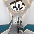 Modern Staircase Corridor Interior With Geometric Ceiling Teal White Walls Plants And Window