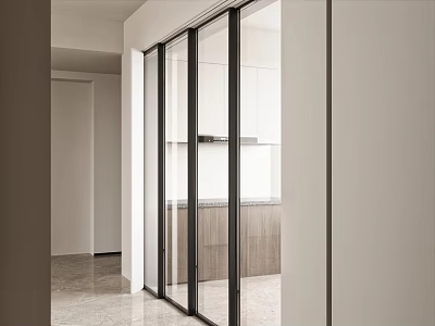 Modern Open Kitchen Interior Design With Glass Sliding Doors And Wooden Cabinets 3d model