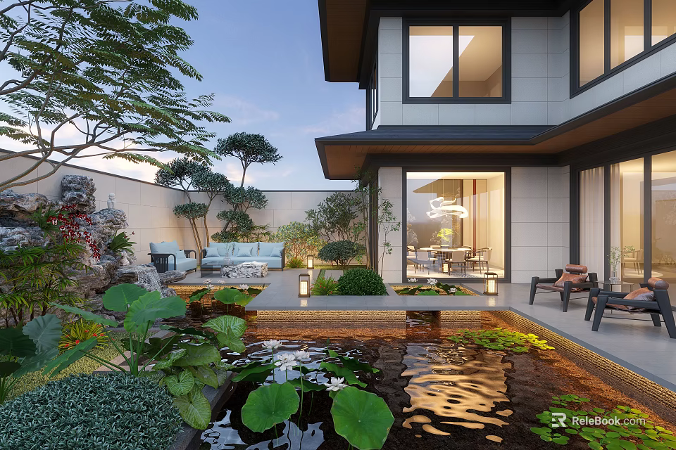 Serene Courtyard Garden With Pond Water Feature Green Plants Outdoor Furniture And Modern Residence Lighting 3d model 