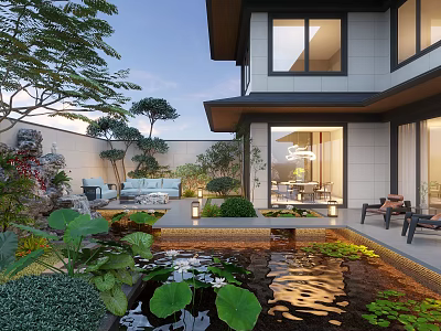 Serene Courtyard Garden With Pond Water Feature Green Plants Outdoor Furniture And Modern Residence Lighting 3d model