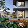 Serene Courtyard Garden With Pond Water Feature Green Plants Outdoor Furniture And Modern Residence Lighting