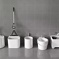 Bathroom Utility Sinks And Mop Buckets With Cleaning Tools On Gray Tiles