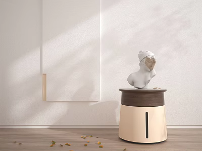Stylish Side Table With White Sculpture And White Wall In Room With Wooden Floor 3d model