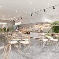 Bright Modern Dessert Shop Interior With Wooden Tables Green Plants And Pendant Lights