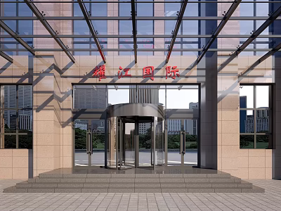 Revolving Door At Building Entrance With Glass Canopy And Stone Walls 3d model