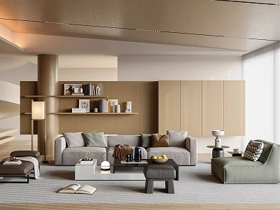 Modern Living Room Interior Design With Grey Sofa Built in Bookshelf And Wooden Cabinets 3d model