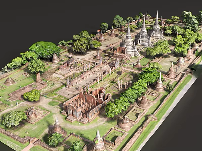 Scenic Ancient Garden Landscape With Historic Pagodas Green Trees And Grassland Layout 3d model
