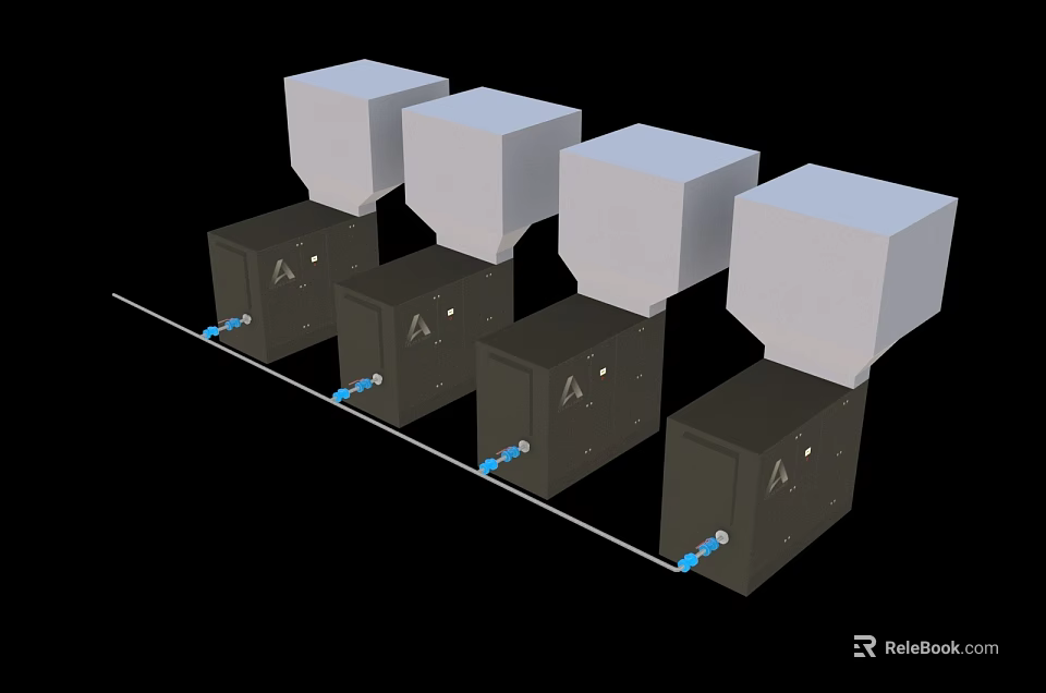 Industrial Equipment Four Units With Black Main Body White Cubic Tops And Blue Connecting Pipes 3d model 