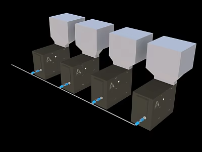 Industrial Equipment Four Units With Black Main Body White Cubic Tops And Blue Connecting Pipes 3d model