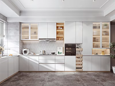 Modern Kitchen Interior With White Cabinets Glass Door Upper Cabinets Hexagon Tile Backsplash And Appliances 3d model