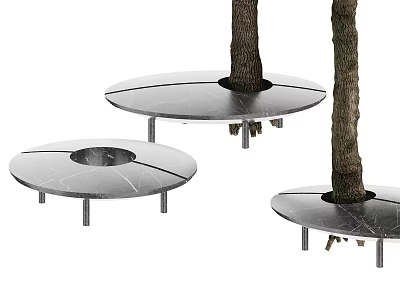 Circular Marble Tree Grates With Metal Legs Supporting Tree Trunks Outdoors 3d model