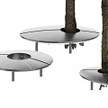 Circular Marble Tree Grates With Metal Legs Supporting Tree Trunks Outdoors