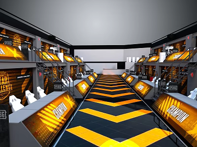 Modern Interior Scene with Yellow Black Chevron Floor Multiple Booths Screens Upper Walkways White Chairs 3d model