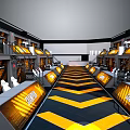 Modern Interior Scene with Yellow Black Chevron Floor Multiple Booths Screens Upper Walkways White Chairs