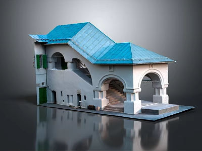 Detached Villa Exterior Design With Blue Roof White Walls Arched Porch And Staircase 3d model
