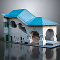 Detached Villa Exterior Design With Blue Roof White Walls Arched Porch And Staircase