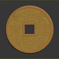 Ancient Chinese Golden Coin with Fortune Characters Symbolizing Wealth and Prosperity