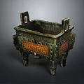Carved Bronze Sculpture With Square Shape Decorative Patterns Legs And Handles In Green Gold Color