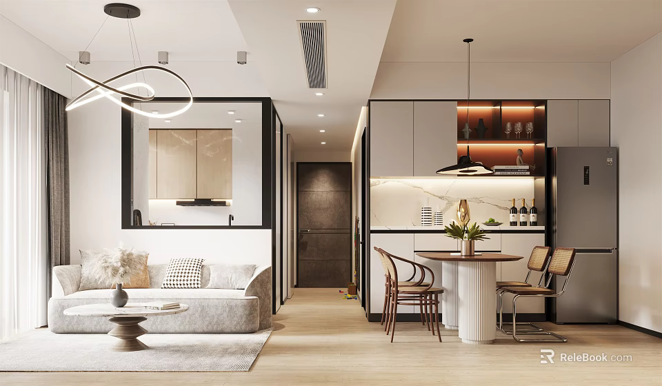 Modern Open Plan Living Dining Interior With Sofa Coffee Table Dining Table And Pendant Lights 3d model