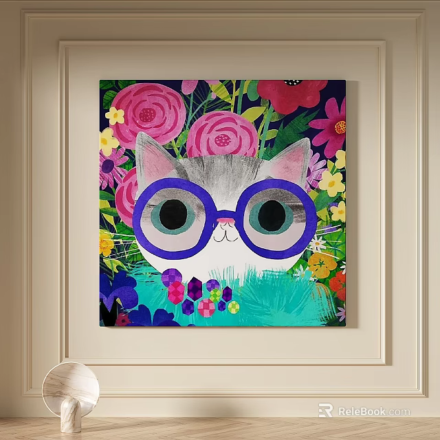 Colorful Cat Animal Painting With Purple Glasses And Vibrant Flowers Artwork 3d model 